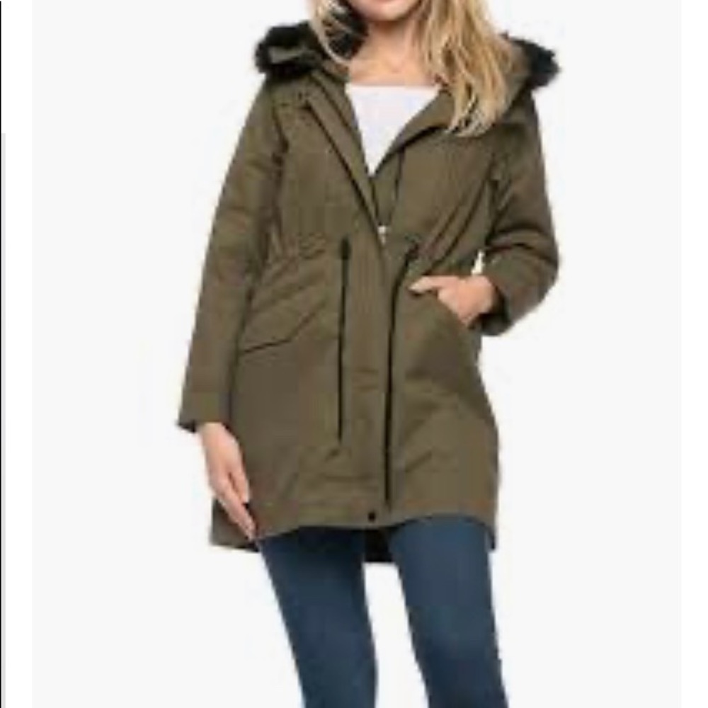 Tan/brown and black hooded fur parka